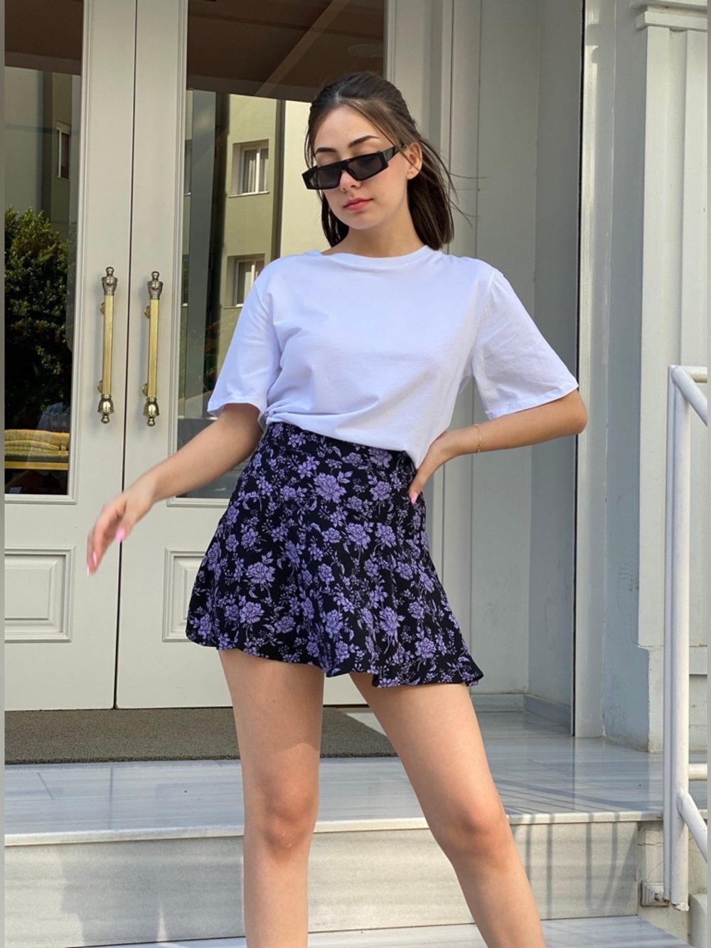 Zara Black Mini Skort with Lavender Floral Print